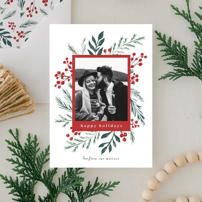 Cartes Pour Fêtes Annuelles Botaniques d'hiver Noël Photo Red Happy (Créateur téléchargé)