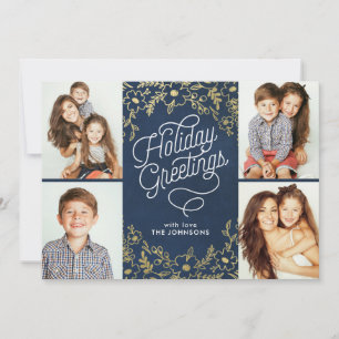 Cartes Pour Fêtes Annuelles Botaniques Gold Salutations de vacances 4-Photo