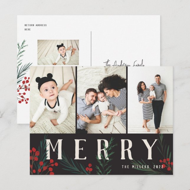 Cartes Pour Fêtes Annuelles Botaniques typographiques 3 Photo Joyeux (Devant / Derrière)