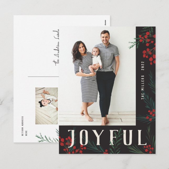 Cartes Pour Fêtes Annuelles Botaniques typographiques Photo Joyeux (Devant / Derrière)