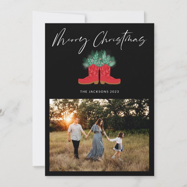 Cartes Pour Fêtes Annuelles Bottes de cowboy rouges et Noël d'épinette (Devant)