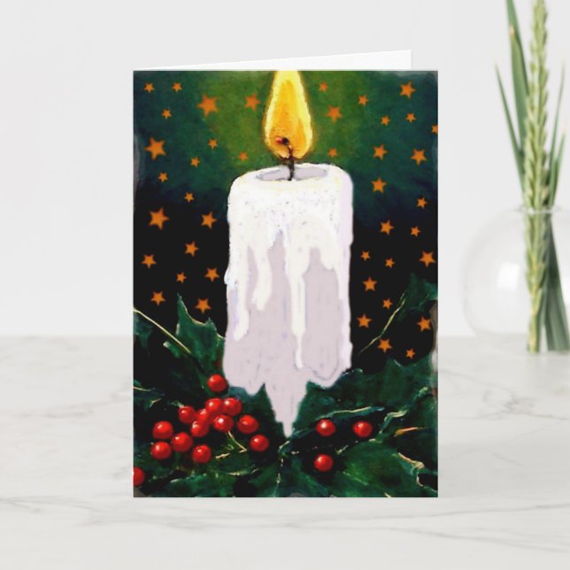 Cartes Pour Fêtes Annuelles Bougie blanche, baies de houx, étoiles : Noël (Devant)