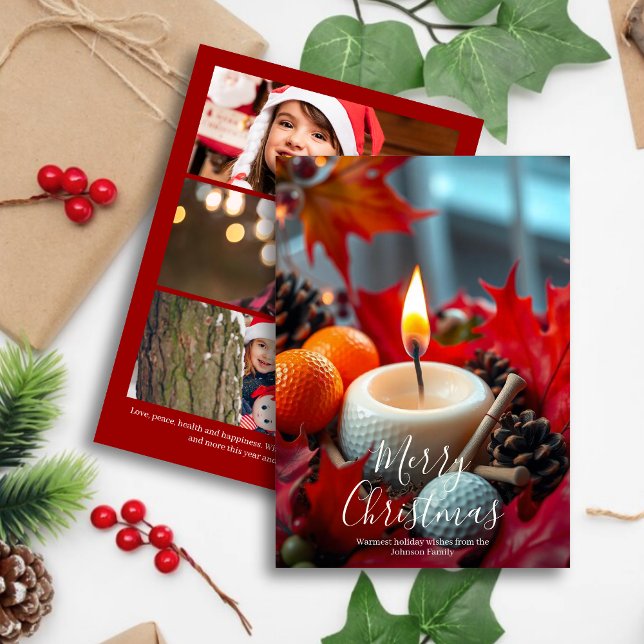 Cartes Pour Fêtes Annuelles Bougie de Noël de golf ・ Trois Photo Rouge (Créateur téléchargé)