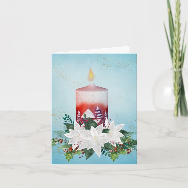 Cartes Pour Fêtes Annuelles Bougie de vacances et arrangement de Poinsettia Bl (Devant)