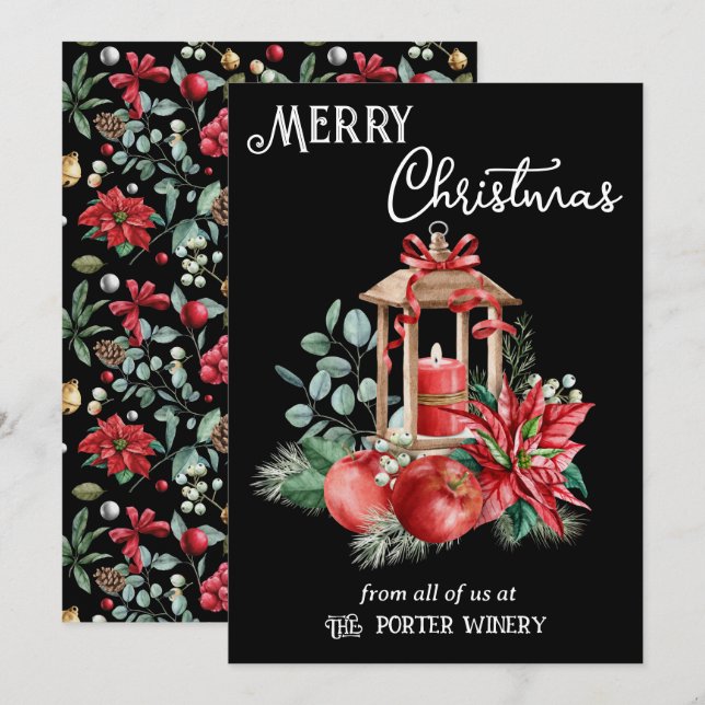 Cartes Pour Fêtes Annuelles Bougie Lanterne Poinsettias et Pommes Entreprise (Devant / Derrière)