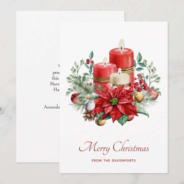 Cartes Pour Fêtes Annuelles Bougies aquarelles et Noël de Poinsettia (Devant / Derrière)