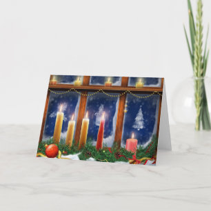 Cartes Pour Fêtes Annuelles Bougies dans la fenêtre givrée par neige
