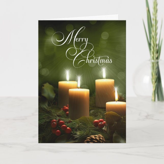 Cartes Pour Fêtes Annuelles Bougies de Noël brillantes avec pin et baies (Devant)