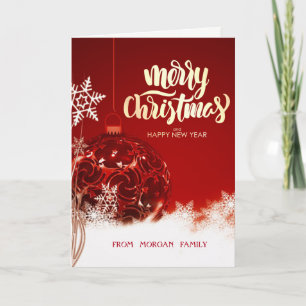 Cartes Pour Fêtes Annuelles Boule de Noël Rouge Élégante, Flocons de Neige