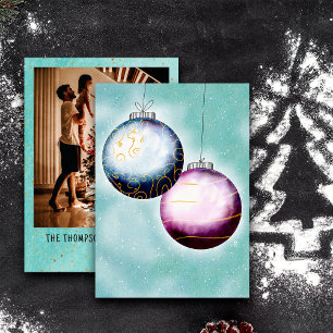 Cartes Pour Fêtes Annuelles Boules de Noël Bleu Or Violet Photo de Famille