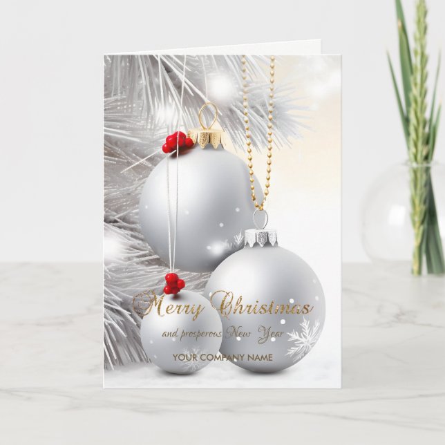 Cartes Pour Fêtes Annuelles Boules de Noël Branches Arbre Argent Entreprise (Devant)