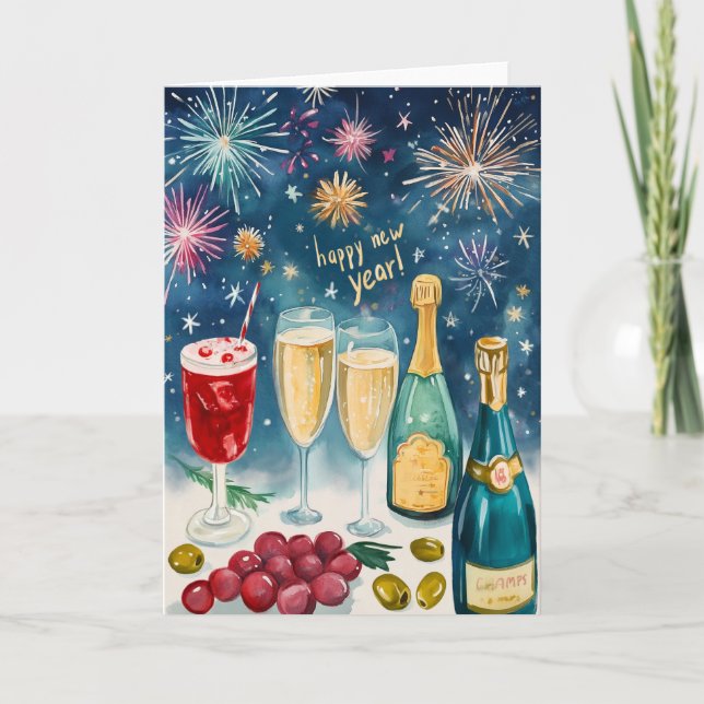 Cartes Pour Fêtes Annuelles BOULETTE DE FEU D'ARTIFICE Aquarelle BONNE ANNÉE (Devant)