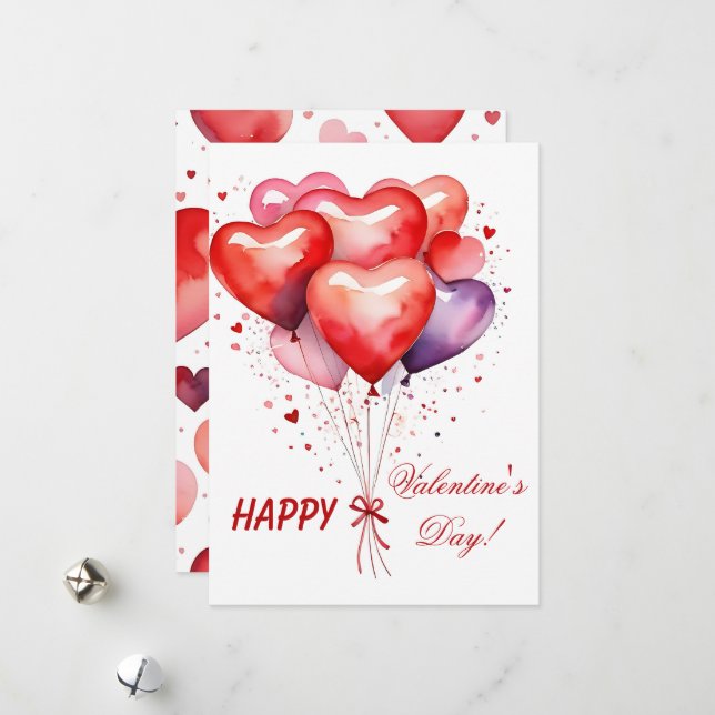 Cartes Pour Fêtes Annuelles Bouquet de ballon Coeurs rouge et rose (Devant/Arrière en situation)