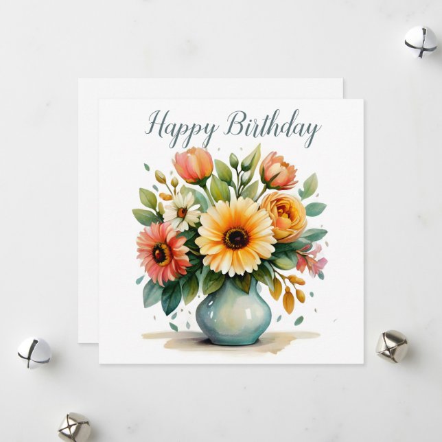 Cartes Pour Fêtes Annuelles Bouquet de fleurs d'aquarelle (Devant/Arrière en situation)