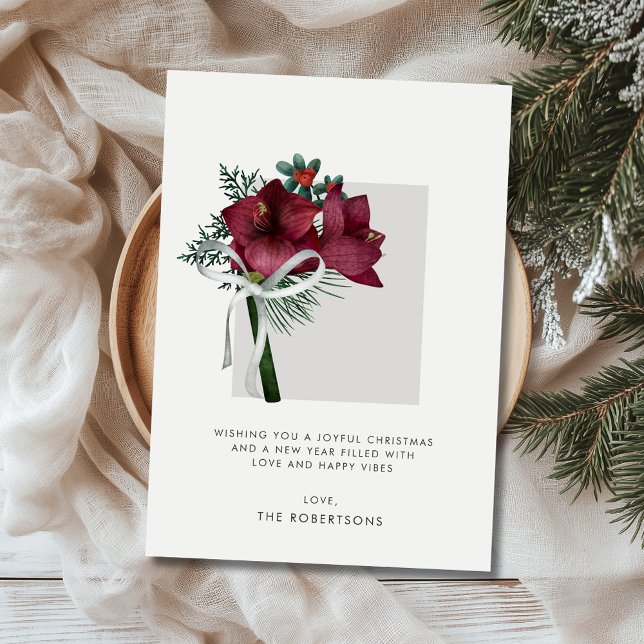 Cartes Pour Fêtes Annuelles Bourgogne Amaryllis verdure de Noël (Burgundy Amaryllis Christmas Greenery Holiday Card)