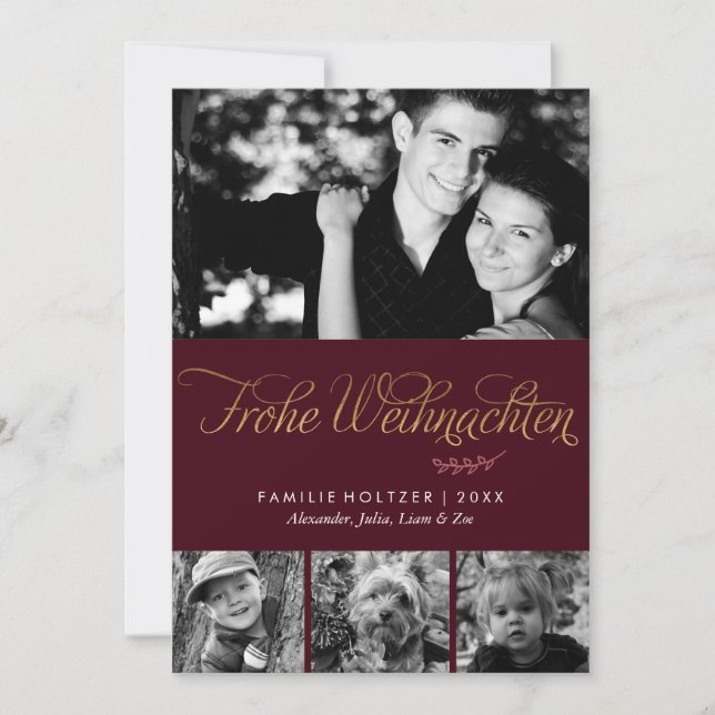 Cartes Pour Fêtes Annuelles Bourgogne et Gold Frohe Weihnachten Photo (Devant)