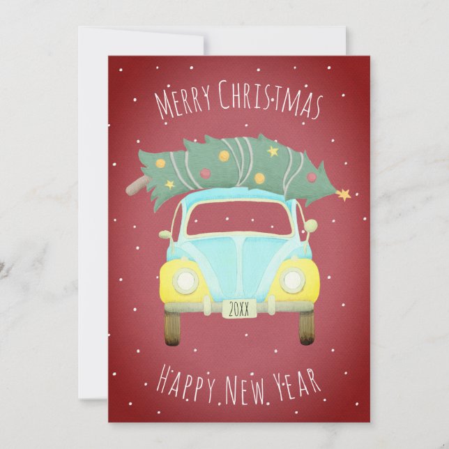 Cartes Pour Fêtes Annuelles Bourgogne Rouge Rétro Voiture Noël Arbre Personnal (Devant)