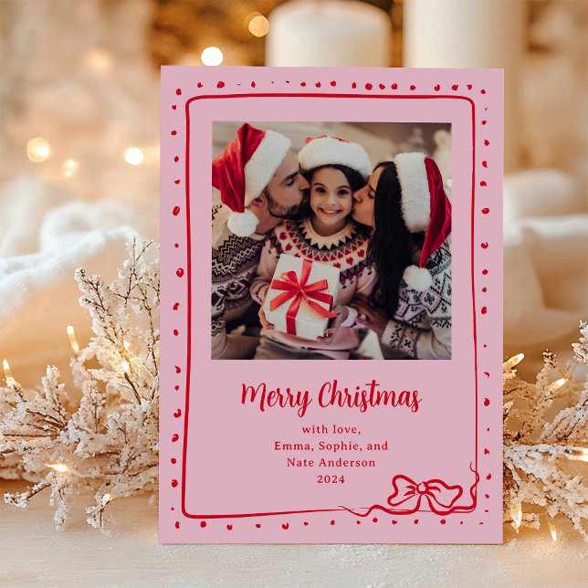Cartes Pour Fêtes Annuelles Bow lunaire | Photo Joyeux Noël rose et rouge (Créateur téléchargé)