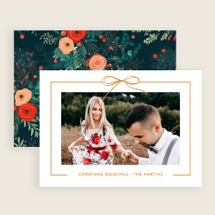 Cartes Pour Fêtes Annuelles Bow or blanc floral encadré photo Noël