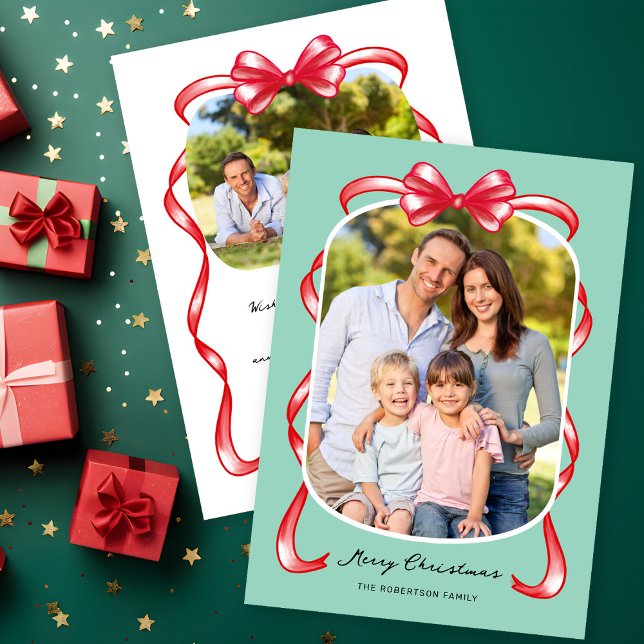 Cartes Pour Fêtes Annuelles Bow Whimsical moderne courbé 2 Photo Noël (Créateur téléchargé)