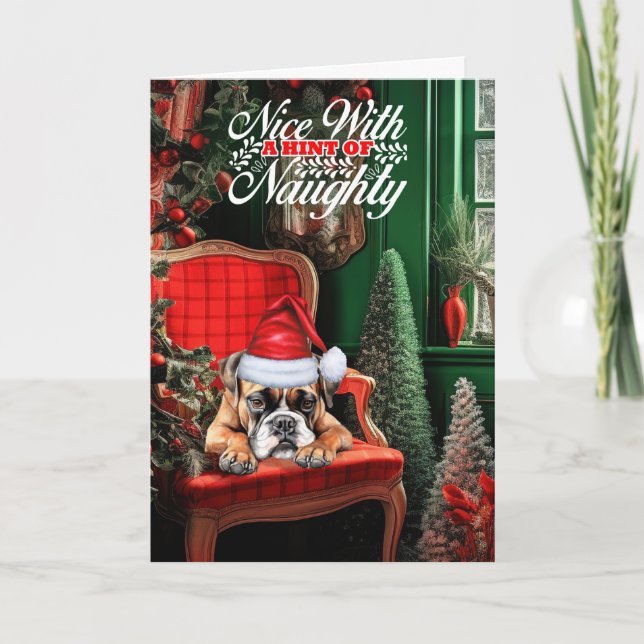 Cartes Pour Fêtes Annuelles Boxe Chien de Noël Naughty ou Nice (Devant)