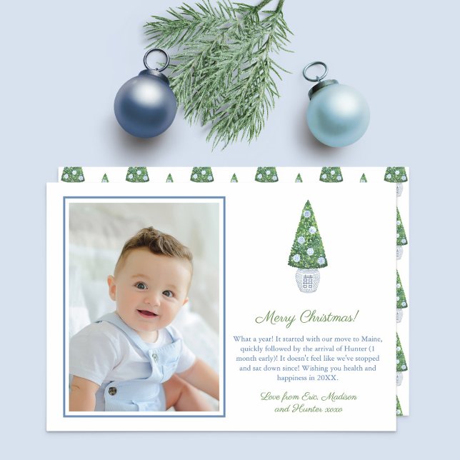 Cartes Pour Fêtes Annuelles Boxwood moderne Topior Ginger Joyeux Noël (Christmas photocard design: Boxwood Topiary tree decorated with blue and white chinoiserie elements.)