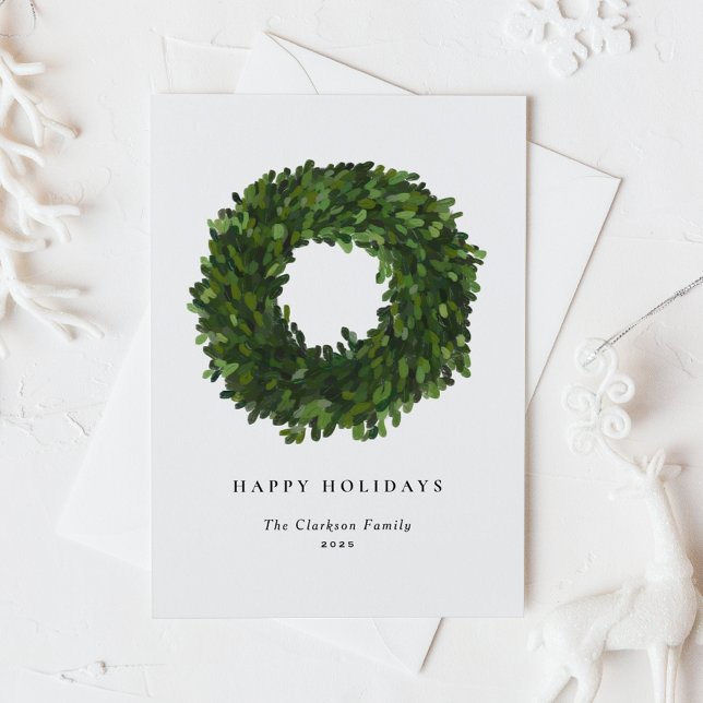 Cartes Pour Fêtes Annuelles Boxwood Peint à la main Wreath Joyeuses vacances (Créateur téléchargé)