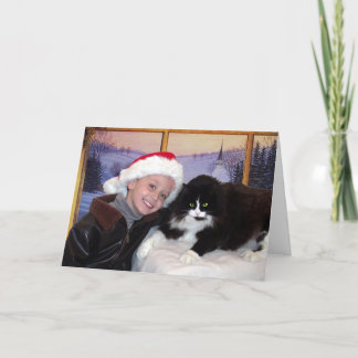 Cartes Pour Fêtes Annuelles Boy with cat at Christmas