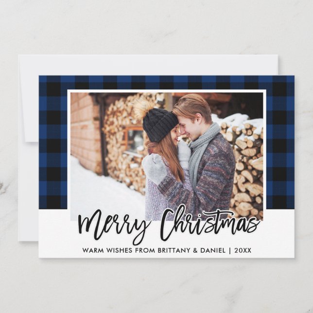 Cartes Pour Fêtes Annuelles Bracelet Script bleu Plaid Couple photo Noël (Devant)