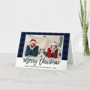 Cartes Pour Fêtes Annuelles Bracelet Script bleu Plaid Famille Photo Noël
