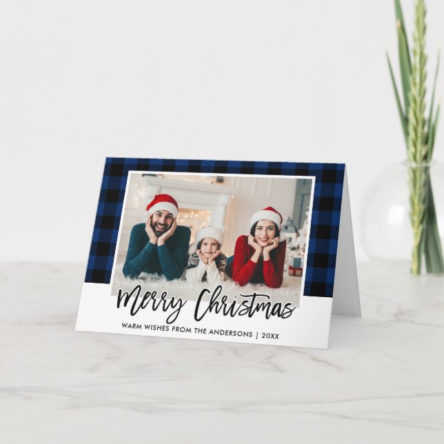 Cartes Pour Fêtes Annuelles Bracelet Script bleu Plaid Famille Photo Noël (Devant)