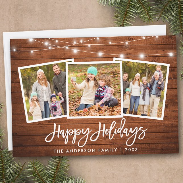 Cartes Pour Fêtes Annuelles Bracelet Script éclaire Bois rustique 3 Photo (Customize to add text to back of card.)