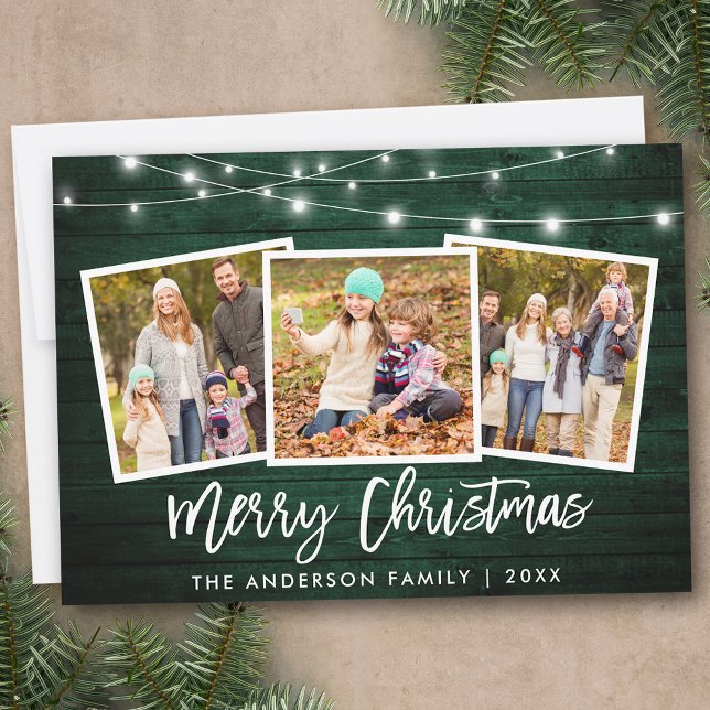 Cartes Pour Fêtes Annuelles Bracelet Script Lumières Bois vert 3 Photo Noël (Customize to add text to back of card.)