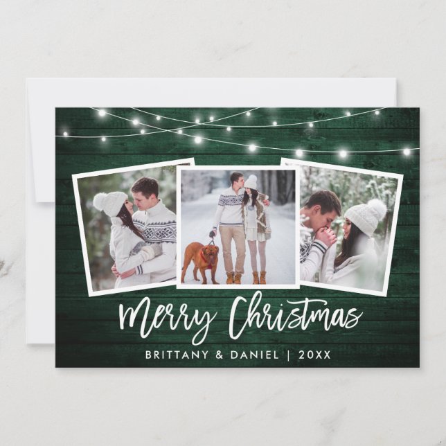 Cartes Pour Fêtes Annuelles Bracelet Script Lumières Bois vert 3 Photo Noël (Devant)