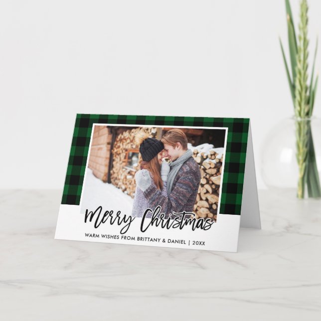 Cartes Pour Fêtes Annuelles Bracelet Script Vert Plaid Couple photo Noël (Devant)