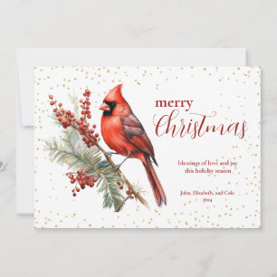 Cartes Pour Fêtes Annuelles Branche rustique de houx au cardinal en aquarelle 