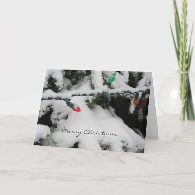 Cartes Pour Fêtes Annuelles Branches couvertes de neige avec lumières de Noël (Devant)