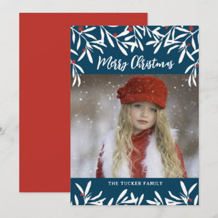 Cartes Pour Fêtes Annuelles Branches de Noël & Berries Marine Bleu photo rouge