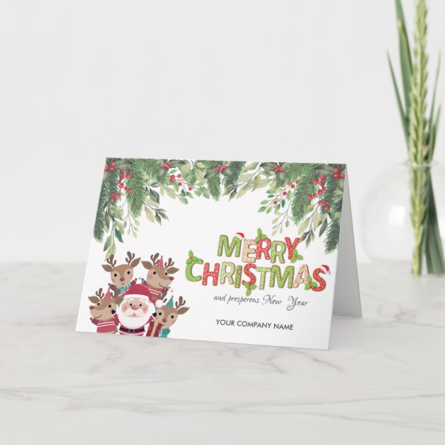 Cartes Pour Fêtes Annuelles Branches de pins, Cerfs, Noël du Père Noël (Devant)