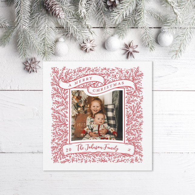 Cartes Pour Fêtes Annuelles Branches généreuses Rouge et blanc Photo Noël (Créateur téléchargé)