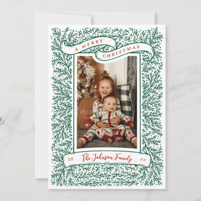 Cartes Pour Fêtes Annuelles Branches généreuses Rouge et Vert Photo de Noël (Devant)