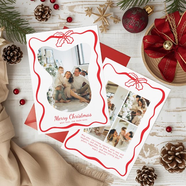 Cartes Pour Fêtes Annuelles Bright Red 4 Photo Doodle Poinsettia Noël (Créateur téléchargé)