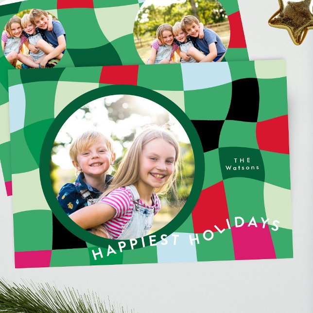Cartes Pour Fêtes Annuelles Bright Retro Plaid 4 Photo Happest (Créateur téléchargé)