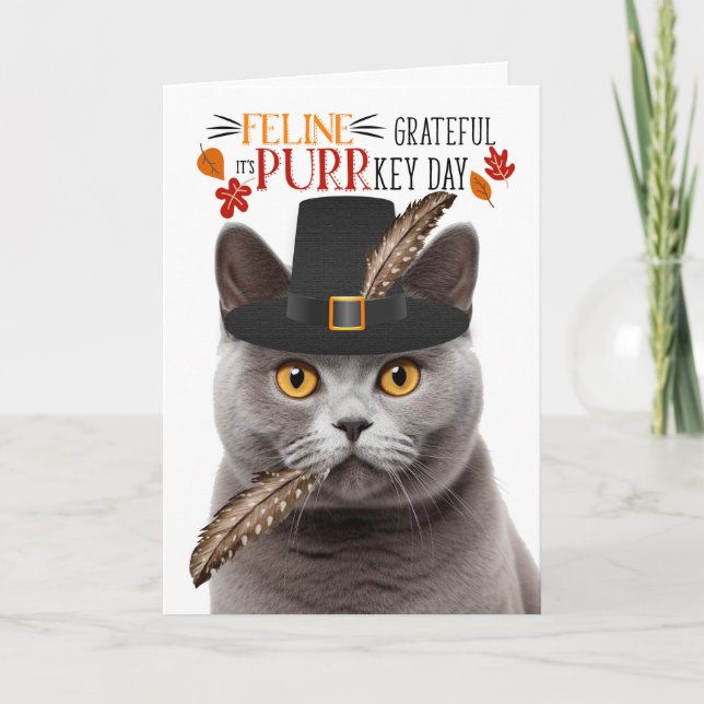 Cartes Pour Fêtes Annuelles British Grey Cat Feline Grateful pour PURRkey Day (Devant)