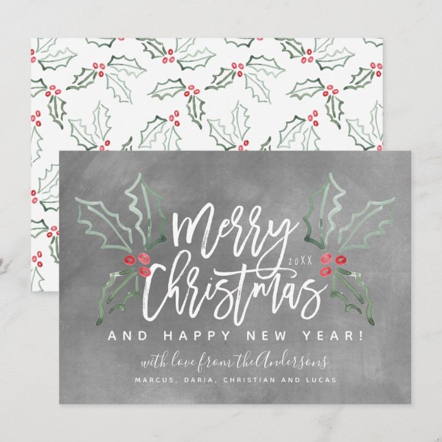 Cartes Pour Fêtes Annuelles Brosse Chalky Script Noël Hollies (Devant / Derrière)