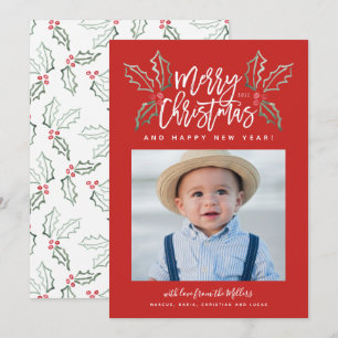 Cartes Pour Fêtes Annuelles Brosse Chalky Script Noël Hollies Photo Rouge
