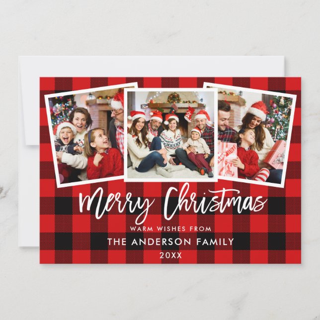 Cartes Pour Fêtes Annuelles Brosse moderne Script 3 Photo Christmas Red Plaid (Devant)
