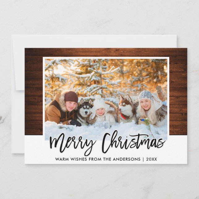 Cartes Pour Fêtes Annuelles Brosse moderne Script Bois rustique Photo Noël (Devant)