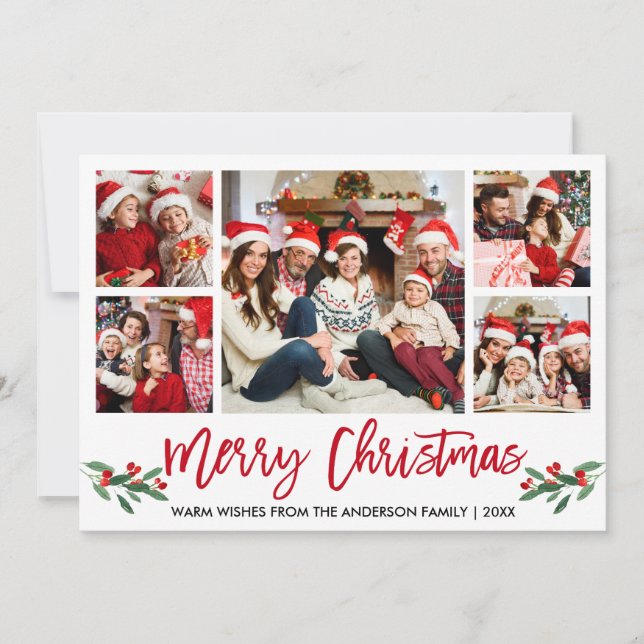 Cartes Pour Fêtes Annuelles Brosse moderne Script Rouge 5 Photo Famille Noël (Devant)