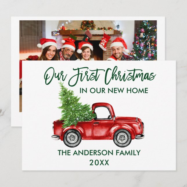 Cartes Pour Fêtes Annuelles Brosse Script Camion Premier Noël Nouveau Accueil  (Devant / Derrière)